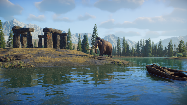 A mammoth beside a reflective lake in Prehistoric Kingdom