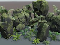 A stylized forest and rock environment