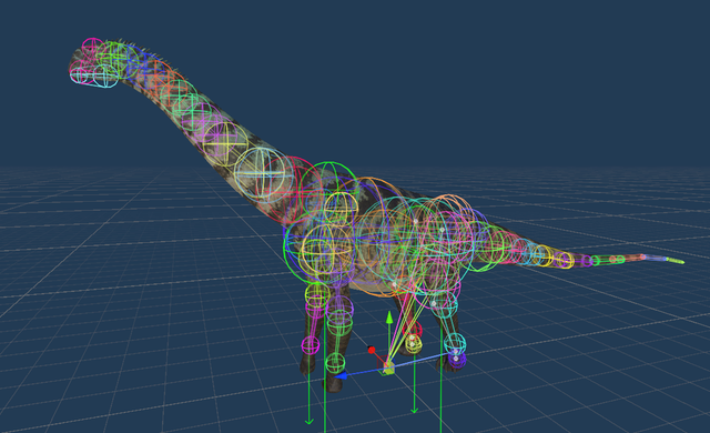 Colorful bone capsule colliders around a dinosaur