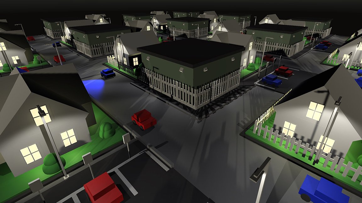 A nighttime neighborhood scene demonstrating dynamic lighting and shadows